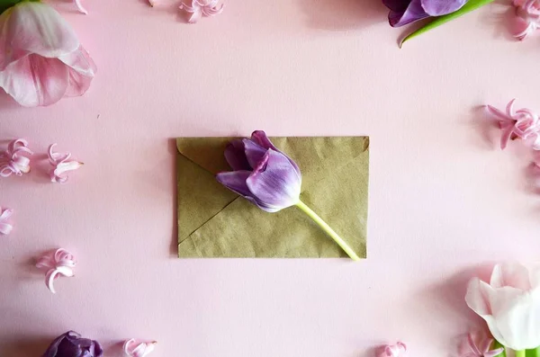 Hermosa tarjeta de felicitación floral para las vacaciones de primavera. Delicado tulipán rosa en un sobre sobre sobre un fondo rosa. Colores pastel de primavera. Vista superior — Foto de Stock