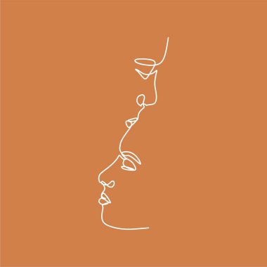 Çift çizgi vektör illüstrasyonu. Aşk baskısı. Minimalist insanların simgesi. Çift logosu. İki yüz. Erkek ve kadın. Aşk vektörü. Aşkın sembolü. Çizgi çizen çift. Aşk çizimi. Erkek ve kadın. Erkek ve kadın çizimi