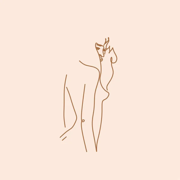 Nude Woman Line Vector Illustration 약자입니다 소녀의 선그리기 아름다운 벡터작은 — 스톡 벡터