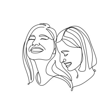 Lezbiyen çift çizgisi çizimi. Aşk baskısı. Minimalist insanların simgesi. Çift logosu. İki yüz. İki kadın. Aşk vektörü. Aşkın sembolü