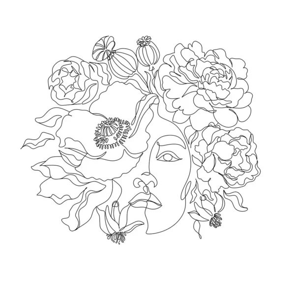 Bir çizgi vektör çizerek, çiçekli soyut yüz. Portre minimalist stil. Botanik parmak izi. Kozmetiğin doğa sembolü. Modern sürekli çizgi sanatı. Moda baskısı. Beaty salon logosu.
