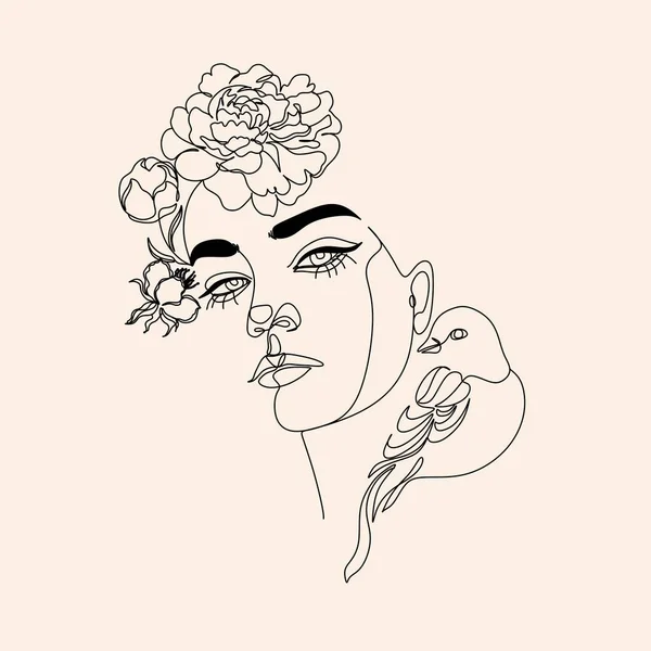 Sanat eseri çiçekli kafa. Minimalist kadın baskısı. Siyah beyaz kız çizimi çiziyor. Çiçek çizgisi çizimi olan güzel bir kadın yüzü. Portre minimalist stil. Botanik baskısı.