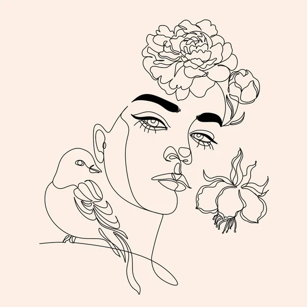 Kadın çizgisi kuş ve çiçeklerle yüz çiziyor. Sanat eseri çiçekli kafa. Minimalist kadın baskısı. Siyah beyaz kız çizimi çiziyor. Çiçek çizgisi çizimi olan güzel bir kadın yüzü. Portre minimalist stil. Botanik baskısı.
