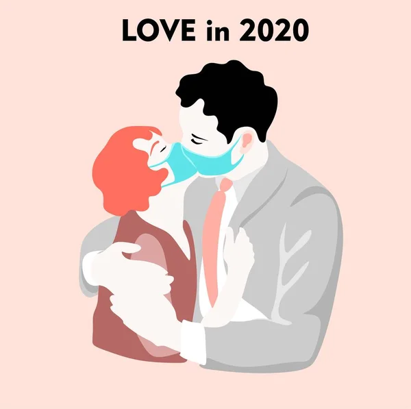 Amor 2020 Casal Beijando Ilustração Vetorial Ilustração Vetorial Coronavírus Infecção —  Vetores de Stock