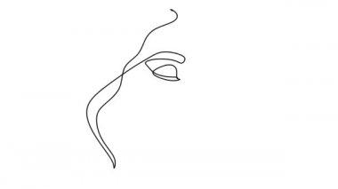 Tek bir kadın yüzünün tek bir çizgi halinde basit bir animasyon çizimi. Güzel kız ya da kadın portresi. Elle çizim, beyaz arkaplanda siyah çizgiler.