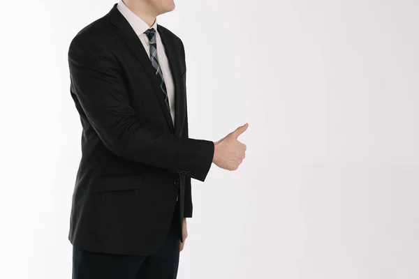 Πορτρέτο Ενός Επιχειρηματία Που Στέκεται Λευκό Φόντο Χέρι Δείχνει Την — Φωτογραφία Αρχείου