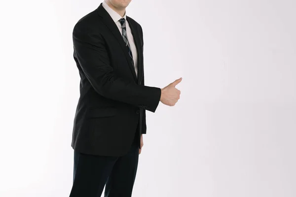 Portrait Businessman Standing White Background Hand Shows Gesture Class — Stock Photo, Image