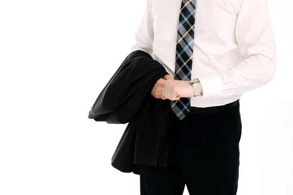 Ένας Επιχειρηματίας Κοστούμι Κοιτάζει Ρολόι Στο Χέρι Του Λευκό Φόντο — Φωτογραφία Αρχείου