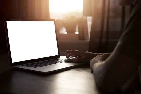 The guy with the laptop isolated screen. Man work on laptop computer with isolated blank screen for web site presentation mockup.