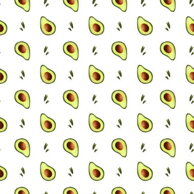 Beyaz arka planda avokado olan dijital çizim kare, pürüzsüz desen. Pankart, web tasarımı, davetiye kartları, kağıt, kumaş, ambalaj, kartlar için yazdır.