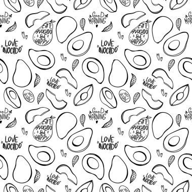 Beyaz bir arka planda avokado çizgisi olan dijital çizim kare dikişsiz desen. Pankart, web tasarımı, davetiye kartları, kağıt, kumaş, ambalaj, kartlar için yazdır.