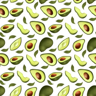 Beyaz arka planda avokado olan dijital çizim kare, pürüzsüz desen. Pankart, web tasarımı, davetiye kartları, kağıt, kumaş, ambalaj, kartlar için yazdır.