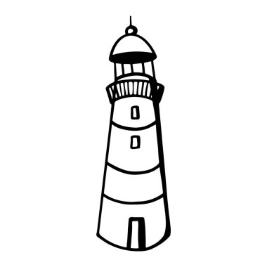 Dijital çizim şirin karalama siyah ana hatlı tek çizgili deniz feneri. Çıkartmalar, ambalaj kağıtları, bebek kumaşları, kartlar, afişler, web tasarımı için yazdır.