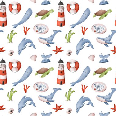Digital children's book illustration pattern marine striped red-white lighthouse, lifebuoy, whales, turtle, hello sea. Print for fabrics, cards, banners, posters, clothes. clipart