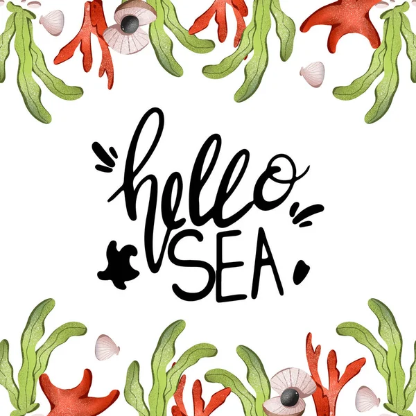 Digital illustration square banner postcard with the inscription hello sea, coral, algae, starfish on a white background. Print for posts, fabrics, packaging, paper, bags, web design.