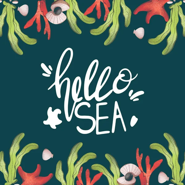 Digital illustration square banner postcard with the inscription hello sea, coral, algae, starfish on a dark green background. Print for posts, fabrics, packaging, paper, bags, web design.