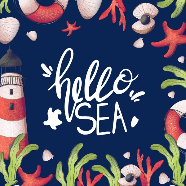 Digital illustration square banner postcard with the inscription hello sea, coral, algae, starfish on a dark blue background. Print for posts, fabrics, packaging, paper, bags, web design.