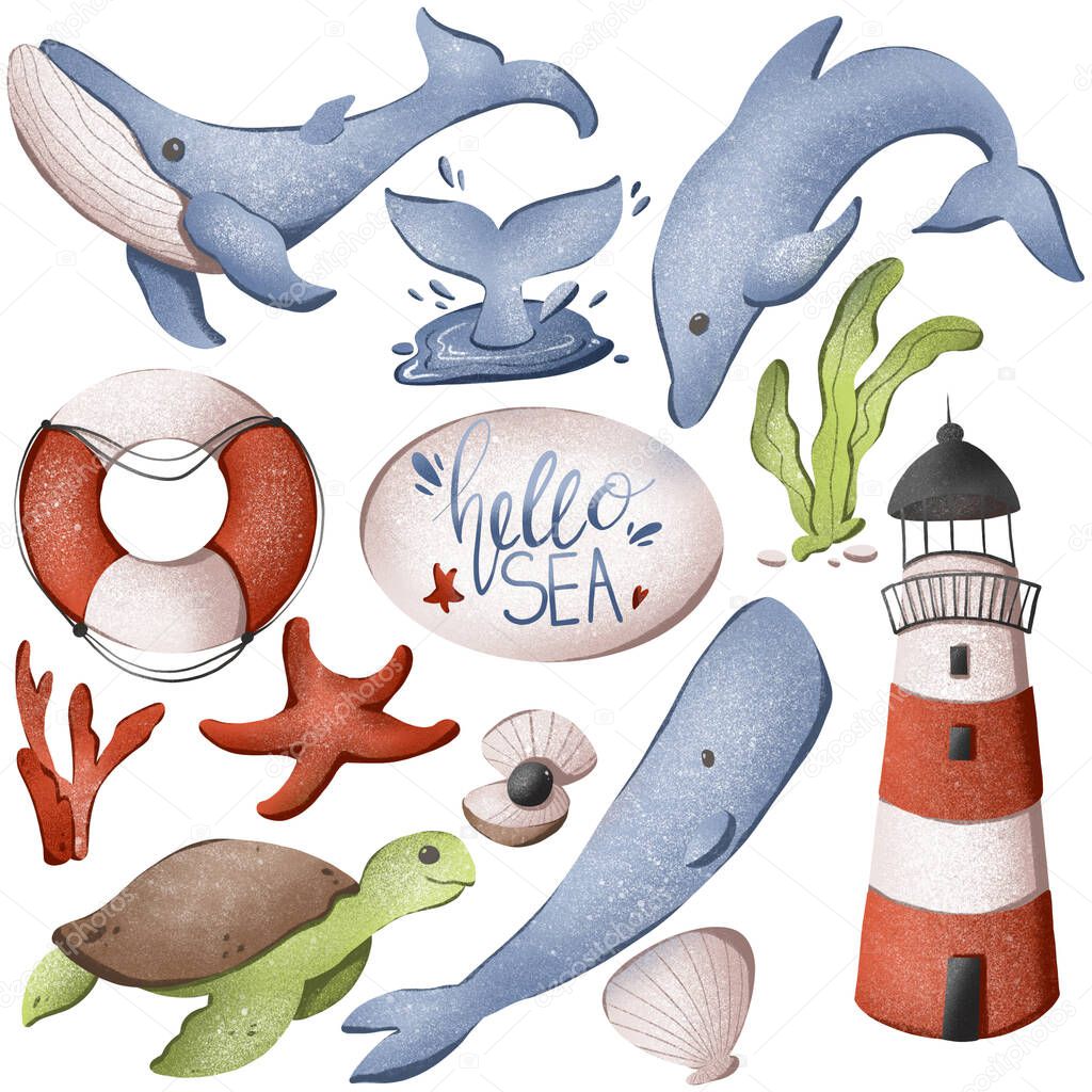 Digital illustration cute texture set hello sea, sperm whale, whale, lighthouse, turtle, life buoy. print for stickers, wrapping paper, baby fabrics, cards, banners, web design.