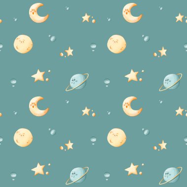 Şirin, dokuları olmayan, nazik, mavi ve sarı gülümseyen gezegenlerin, yıldızların ve bulutların dijital çizimleri. Çocuk tekstil, kitap, davetiye kartı, kıyafet baskısı.