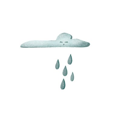 Yaramaz yüzlü, yağmurlu mavi bulutlu sevimli bir çocuğun dijital çizimi. Çocuk tekstil, kitap, davetiye kartı, kıyafet, yatak, web tasarımı için yazdır.