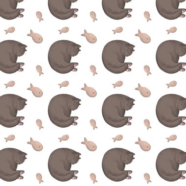 Dijital illüstrasyon sevimli desenli bej ve gri kedi ve oyuncakları, besin, ev. Çıkartmalar, kapaklar, ambalaj kağıtları, kumaşlar, kağıt ürünleri, kartpostallar için yazdır.