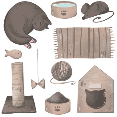 Dijital illüstrasyon güzel bir desen bej ve gri kedi seti ve oyuncakları, besin, ev. Çıkartmalar, kapaklar, ambalaj kağıtları, kumaşlar, kağıt ürünleri, kartpostallar için yazdır.