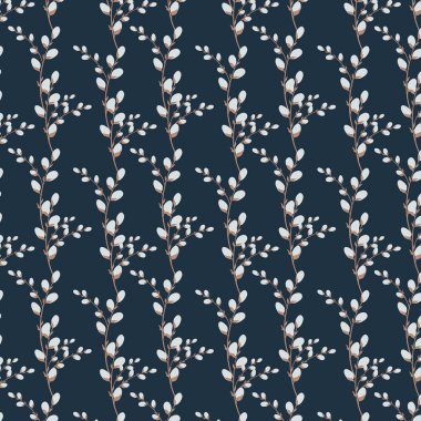 Tatlı, yumuşak bir paskalya deseni ile söğüt dalları arasında dijital düz bir çizim. Afişler, kumaşlar, kartlar, posterler, davetiyeler, ambalaj kağıdı, web tasarımı için yazdır.