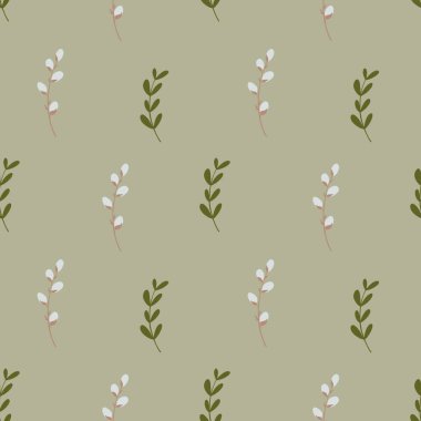 Tatlı, yumuşak bir paskalya deseni ile söğüt dalları arasında dijital düz bir çizim. Afişler, kumaşlar, kartlar, posterler, davetiyeler, ambalaj kağıdı, web tasarımı için yazdır.