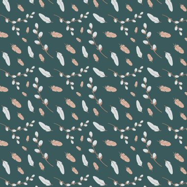 Tatlı, yumuşak bir paskalya deseni ile söğüt dalları arasında dijital düz bir çizim. Afişler, kumaşlar, kartlar, posterler, davetiyeler, ambalaj kağıdı, web tasarımı için yazdır.