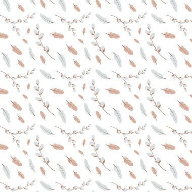 Tatlı, yumuşak bir paskalya deseni ile söğüt dalları arasında dijital düz bir çizim. Afişler, kumaşlar, kartlar, posterler, davetiyeler, ambalaj kağıdı, web tasarımı için yazdır.