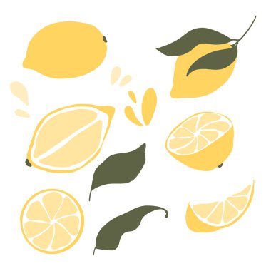 Sevimli, düz, sulu sarı bir limon, karanfil, tohum, yaprak ve bir damla meyve suyunun dijital çizimi. Paketler, posterler, kartlar, davetiyeler, afişler için yazdır.