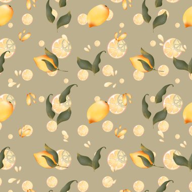 Kusursuz desenlerin dijital çizimi tatlı, dokulu sarı bir limon karanfil, tohum, yaprak, bir damla meyve suyu. Paketler, posterler, kartlar, davetiyeler, afişler için yazdır.