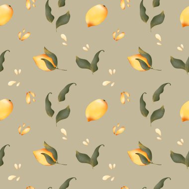 Kusursuz desenlerin dijital çizimi tatlı, dokulu sarı bir limon karanfil, tohum, yaprak, bir damla meyve suyu. Paketler, posterler, kartlar, davetiyeler, afişler için yazdır.
