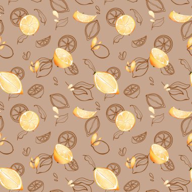 Kusursuz desenlerin dijital çizimi tatlı, dokulu sarı bir limon karanfil, tohum, yaprak, bir damla meyve suyu. Paketler, posterler, kartlar, davetiyeler, afişler için yazdır.