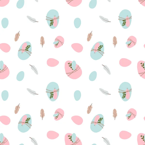 Digital flat illustration of a cute gentle easter pattern with colored eggs and feathers. Print for banners, fabrics, cards, posters, invitations, wrapping paper, web design.