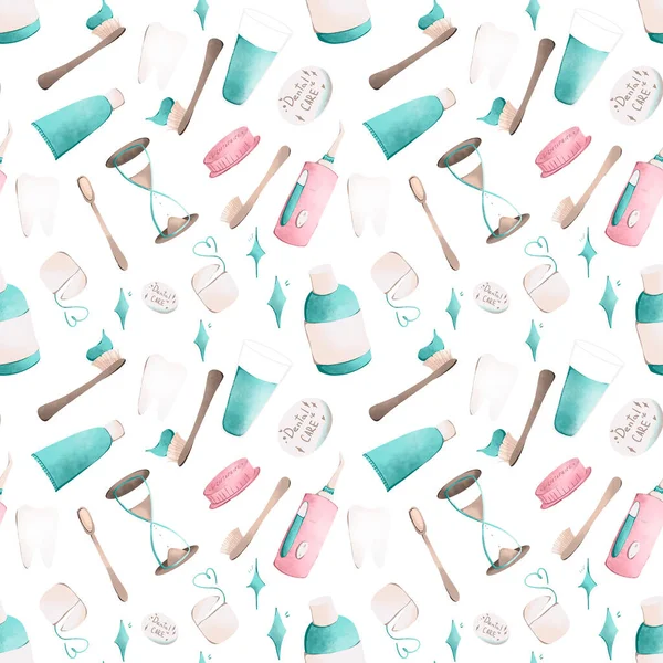 Digital illustration simple daily dental care. Seamless pattern. Print for posters, stickers, packaging.