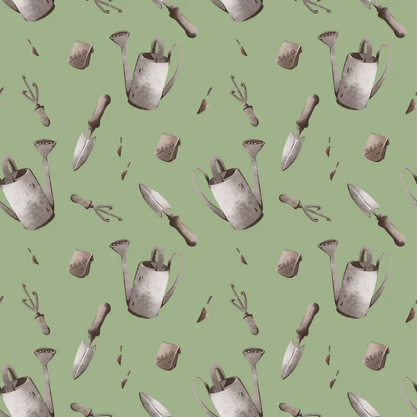 Cyfrowa Ilustracja Bezproblemowy Wzór Ładny Tekstury Narzędzi Ogrodniczych Podlewania Puszki — Zdjęcie stockowe