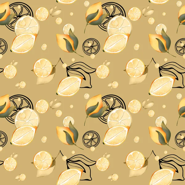 Ilustración Digital Patrón Sin Costuras Lindo Limón Amarillo Jugoso Texturizado — Foto de Stock