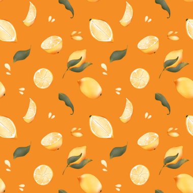 Kusursuz desenlerin dijital çizimi tatlı, dokulu sarı bir limon karanfil, tohum, yaprak, bir damla meyve suyu. Paketler, posterler, kartlar, davetiyeler, afişler için yazdır.