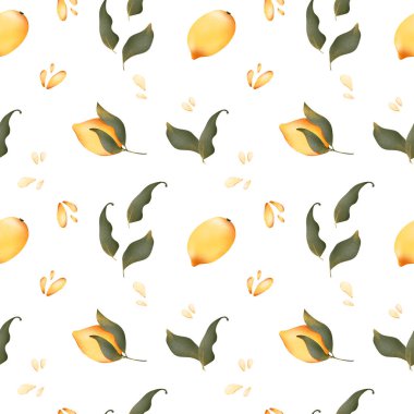 Kusursuz desenlerin dijital çizimi tatlı, dokulu sarı bir limon karanfil, tohum, yaprak, bir damla meyve suyu. Paketler, posterler, kartlar, davetiyeler, afişler için yazdır.