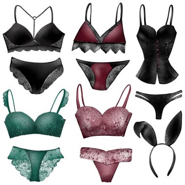 Nazik seksi iç çamaşırı ve sütyenin dijital çizimi. Kart, kağıt, kumaş, poster baskısı. Moda iç çamaşırı..