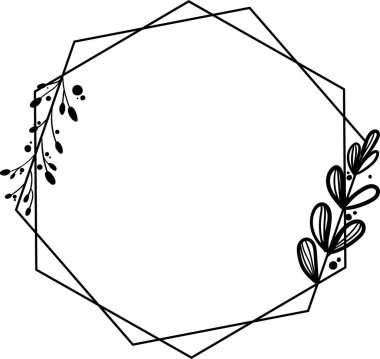Çimen ve çiçek filizleriyle siyah poligonal çerçeve. Beyaz arka planda elle çizilmiş. Logo, marka, kart ve davetiye oluşturmak için ideal şablon.