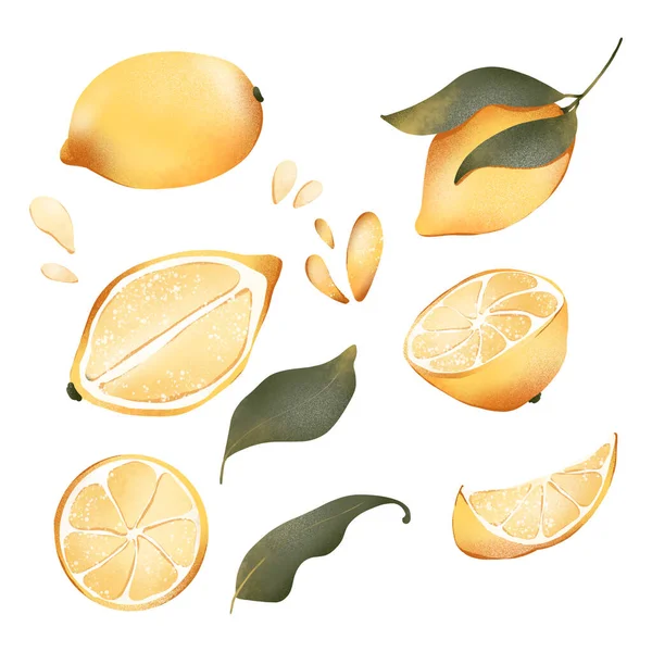 数码插图设置一个可爱的纹理多汁的黄色柠檬 果汁滴 印刷包装 邀请函 — 图库照片