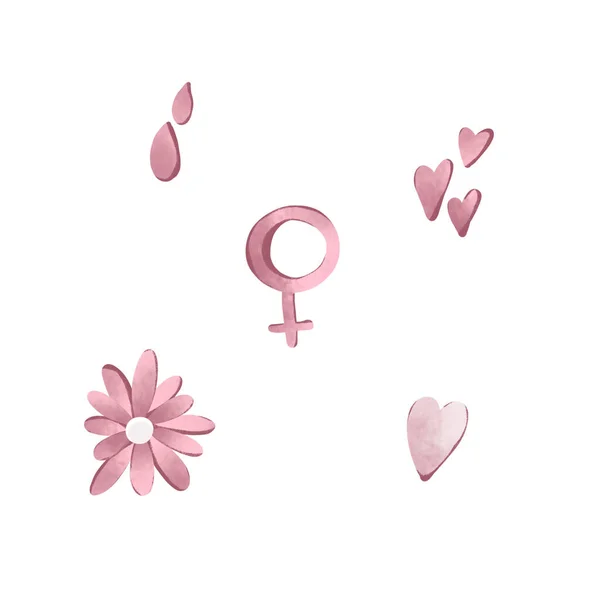 Illustration Numérique Ensemble Mignon Symboles Féminins Fleurs Cœurs Gouttes Cycle — Photo