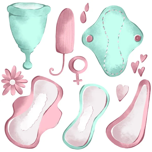 Ilustración Digital Lindo Conjunto Artículos Higiene Femenina Ciclo Menstrual Almohadilla — Foto de Stock