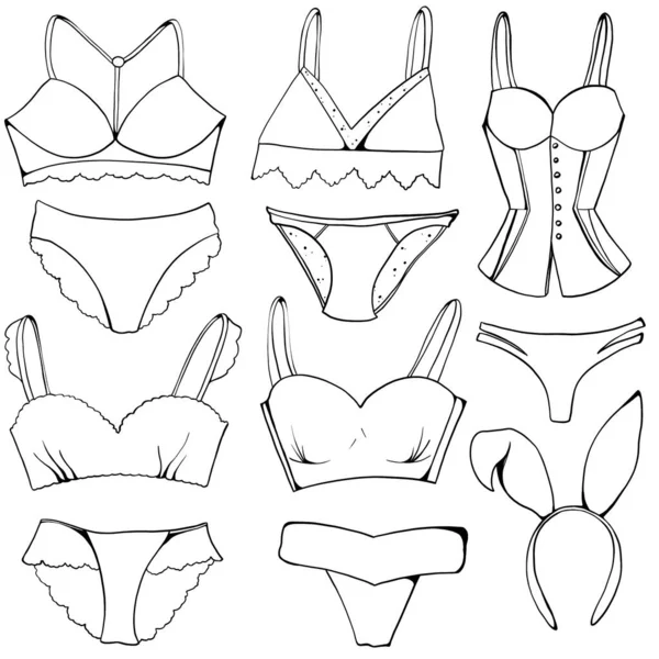 Digital Illustration Black Linear Doodle Outline Sexy Lingerie Set Print — Stock Photo, Image