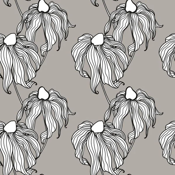 White unpainted rudbeckia flower in a linear black pattern. Hand drawn on a beige light background. Suitable for design fabrics, wrapping paper, cards.
