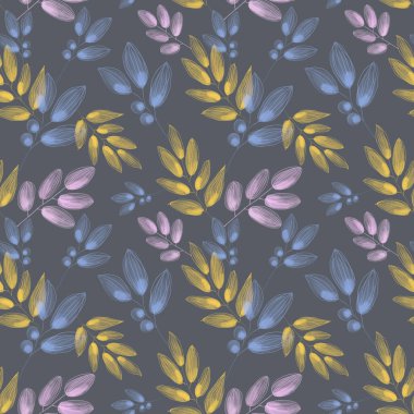 Hassas dallar, suluboya dijital sanat, mavi arka planda dikişsiz desen. Kartlar, davetiyeler, düğünler, afişler, posterler, kumaşlar, ambalaj kağıtları, paketler, web tasarımı.