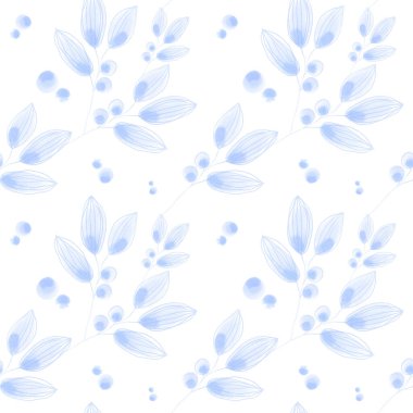 Hassas dallar beyaz arka planda suluboya dijital sanat kusursuz desen. Kartlar, davetiyeler, düğünler, afişler, posterler, kumaşlar, ambalaj kağıtları, paketler, web tasarımı.