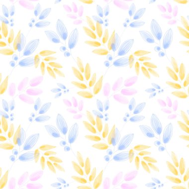 Hassas dallar beyaz arka planda suluboya dijital sanat kusursuz desen. Kartlar, davetiyeler, düğünler, afişler, posterler, kumaşlar, ambalaj kağıtları, paketler, web tasarımı.